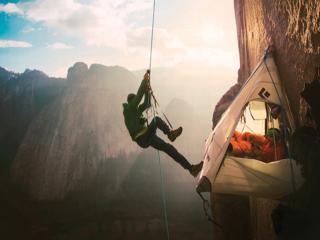 Tommy Caldwell, at his base camp in the middle of the Dawn Wall.